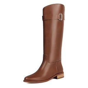 High Riding Boots Round Toe Side Zipper Metal Buckle-Brown